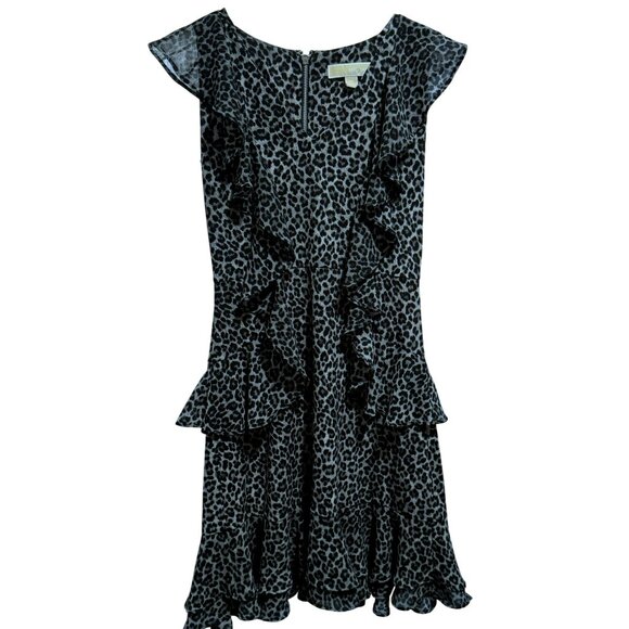 Michael Kors Cheeta Animal Print Dress Sz XS Tiered Ruffle Exposed Back Zipper - Picture 1 of 7